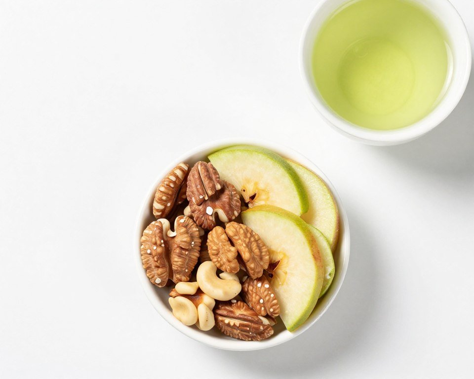nutritious snack bowl with nuts and fruits beside green tea