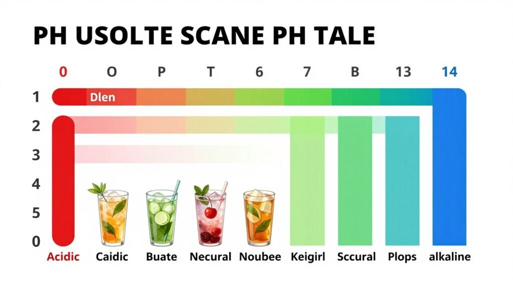 pH scale diagram from 0 to 14 with green tea marked in the acidic range