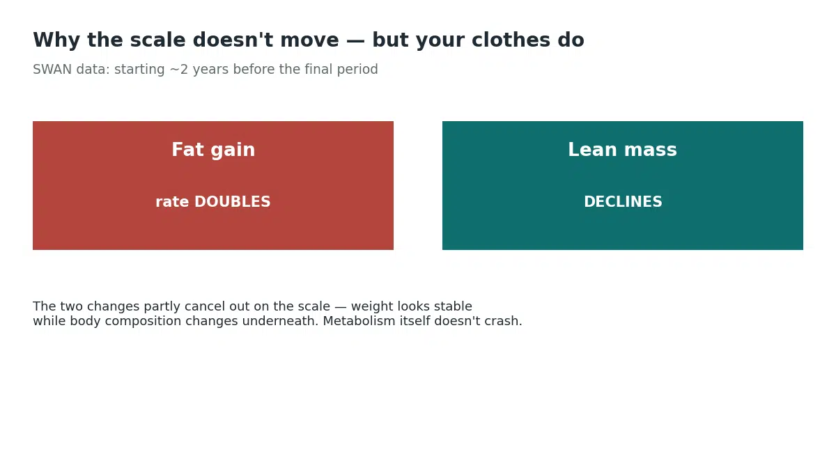 SWAN data shows the rate of fat gain doubles while lean mass declines starting about two years before the final period, which is why the scale often looks stable even as body composition changes