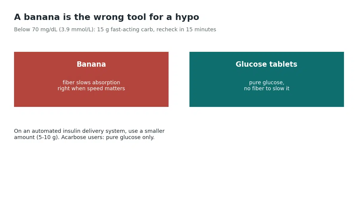 A banana is a poor tool for treating low blood sugar because its fiber slows absorption, while glucose tablets are pure glucose with no fiber to slow it down