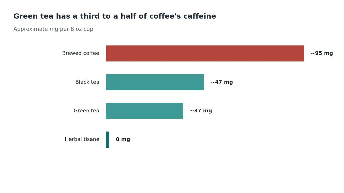 Brewed coffee has about 95 milligrams of caffeine per 8 ounce cup, black tea about 47 milligrams, green tea about 37 milligrams, and herbal tisane none, since herbal tisanes are not made from the tea plant