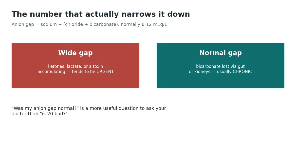 A wide anion gap suggests ketones, lactate, or a toxin accumulating and tends to be urgent, while a normal anion gap suggests bicarbonate loss via the gut or kidneys and is usually chronic
