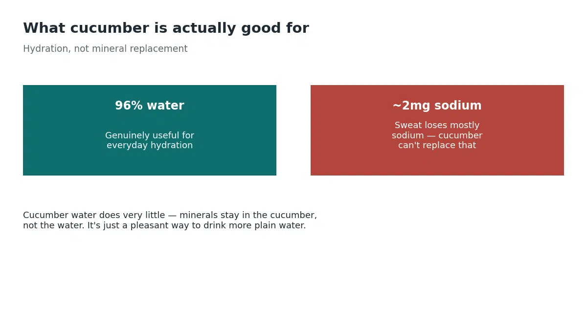 Cucumber is 96 percent water making it genuinely useful for everyday hydration, but it contains only about 2 milligrams of sodium so it cannot replace what sweat loses during heavy exercise
