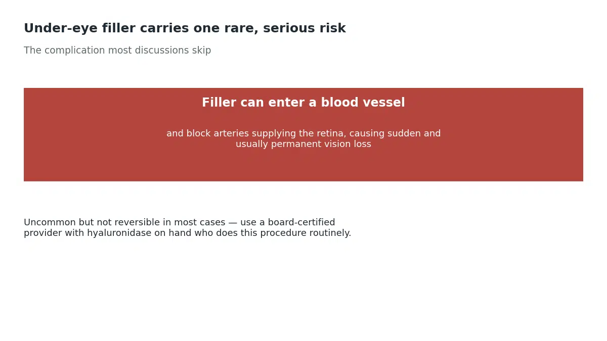 Filler injected near the eye can rarely enter a blood vessel and block the arteries supplying the retina, causing sudden and usually permanent vision loss, so this procedure should only be performed by a board certified provider with hyaluronidase on hand