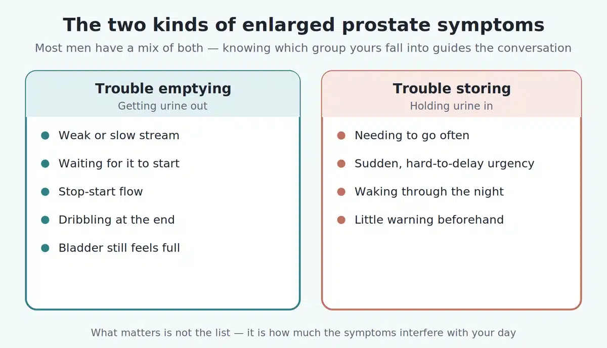 Enlarged prostate symptoms split into trouble emptying and trouble storing urine