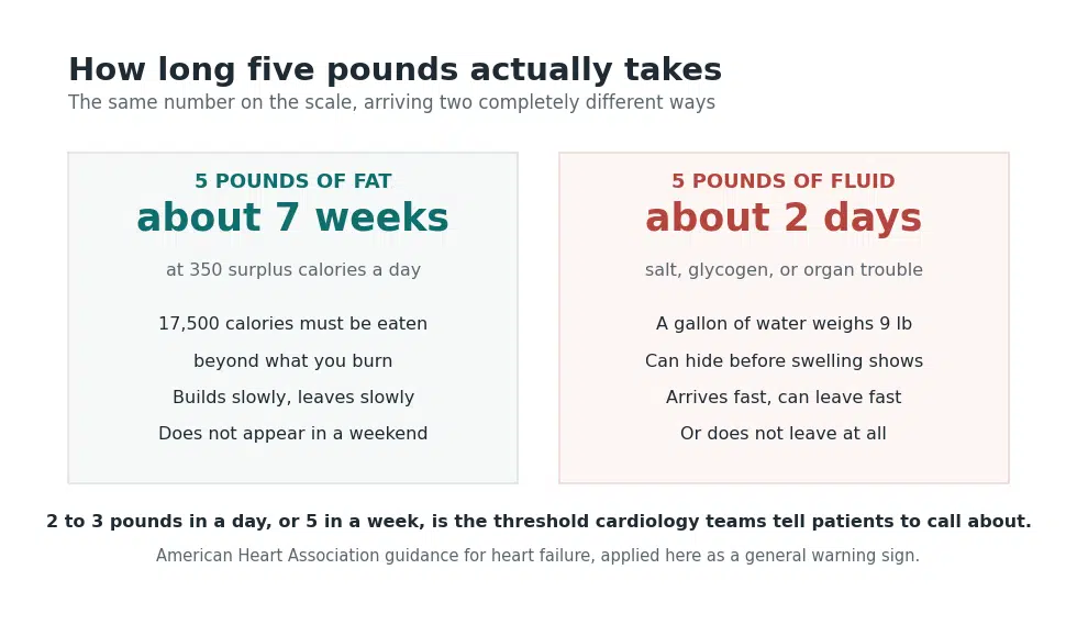 Chart comparing how long it takes to gain five pounds of fat versus five pounds of water when gaining weight quickly
