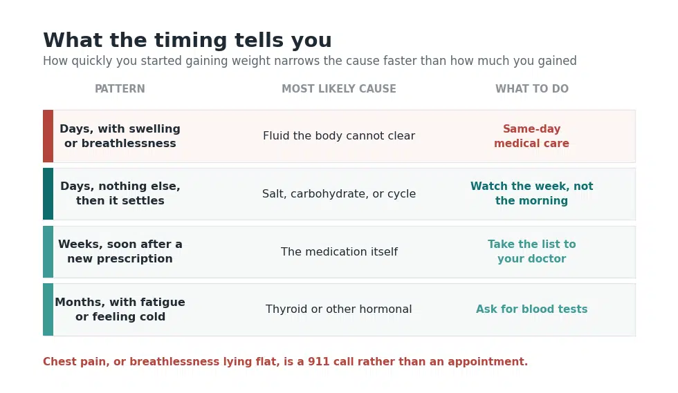 Timeline diagram showing how the pattern of gaining weight points to fluid, medication or hormonal causes