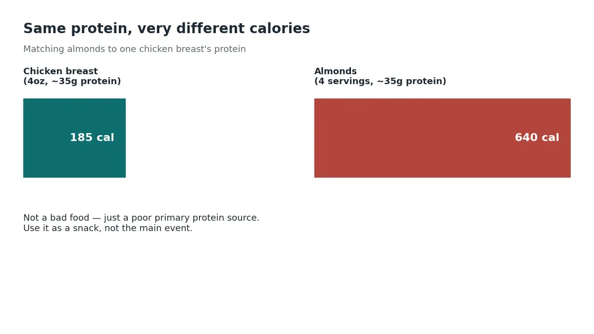 Matching one chicken breast's 35 grams of protein with almonds takes about 640 calories versus 185 calories for the chicken, showing almonds are a poor primary protein source despite being healthy in moderation