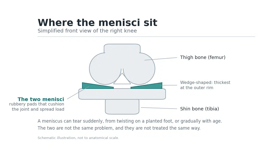 Simplified front view of the knee showing the thigh bone and shin bone with the two wedge-shaped menisci between them, thickest at the outer rim