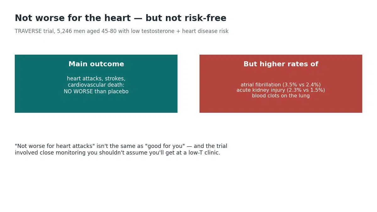The TRAVERSE trial found testosterone therapy no worse than placebo for heart attacks, strokes and cardiovascular death, but with higher rates of atrial fibrillation, acute kidney injury and blood clots on the lung