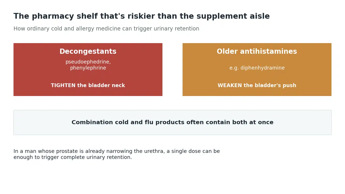 Decongestants tighten the bladder neck and older antihistamines weaken the bladder's push, and combination cold products often contain both