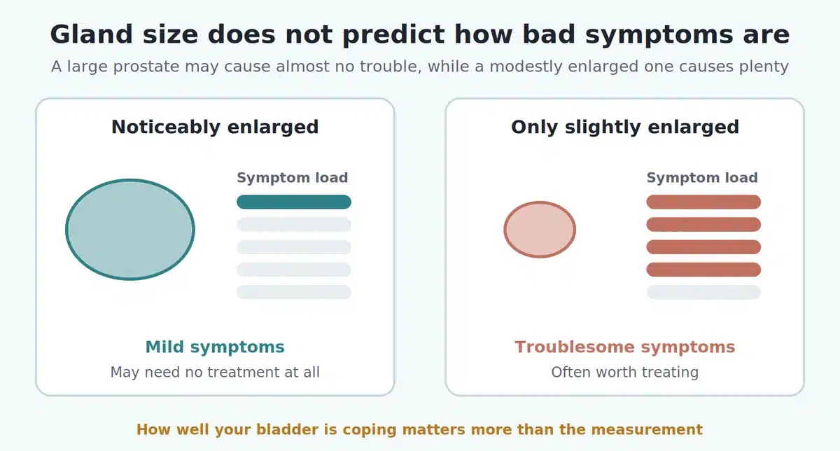 Prostate size compared with symptom severity, showing a large gland with mild symptoms