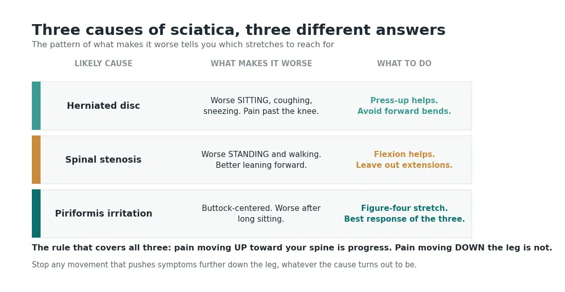 Chart of three causes of sciatica and whether stretching helps, showing disc, spinal stenosis and piriformis patterns