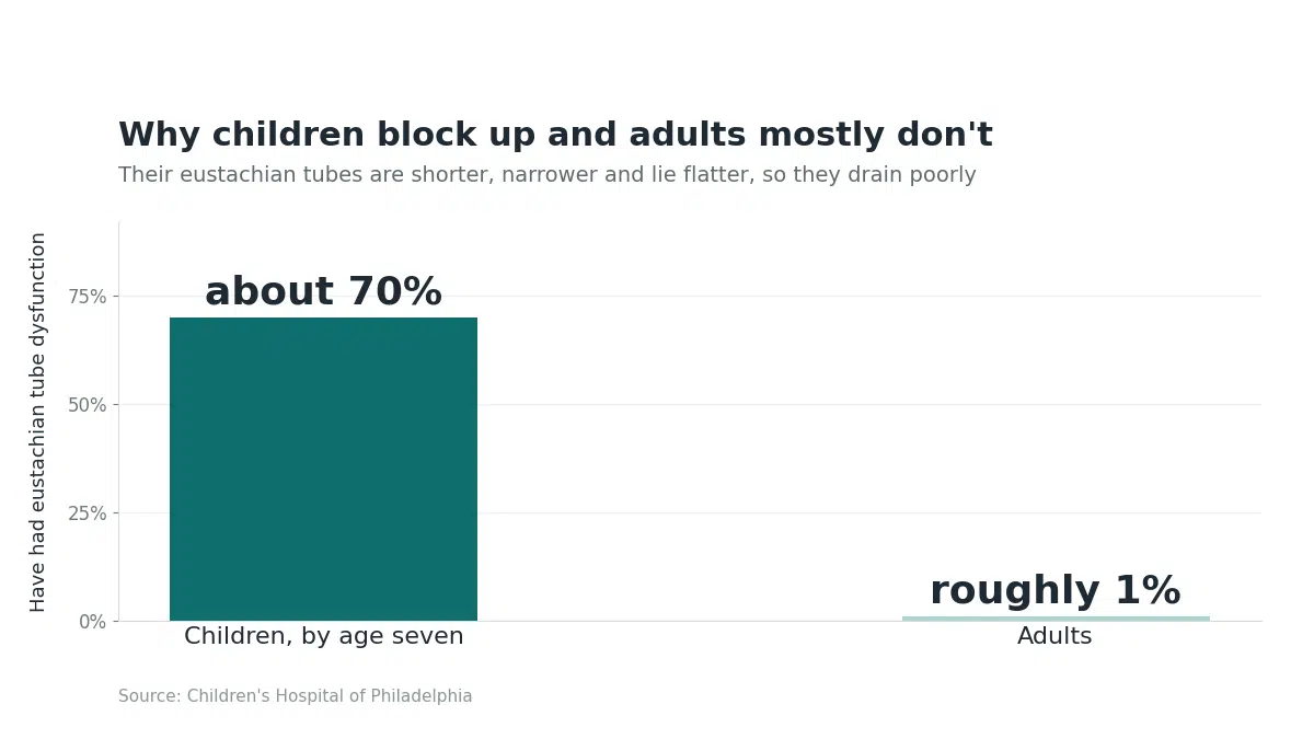 About 70% of children have had eustachian tube dysfunction by age seven, against roughly 1% of adults