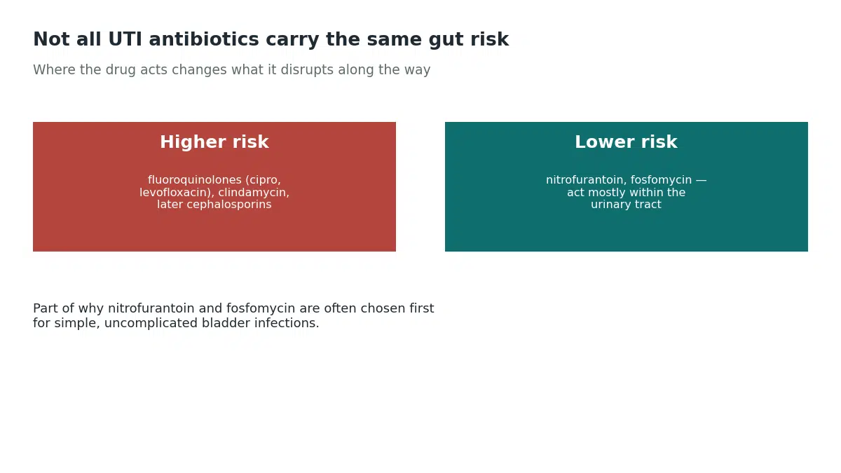 Fluoroquinolones, clindamycin, and later cephalosporins carry higher C. difficile risk, while nitrofurantoin and fosfomycin act mostly within the urinary tract and carry less