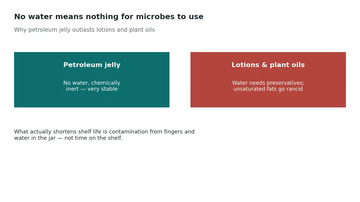 Petroleum jelly contains no water and is chemically inert making it very stable, while lotions need preservatives because they contain water and plant oils go rancid because their unsaturated fats oxidize